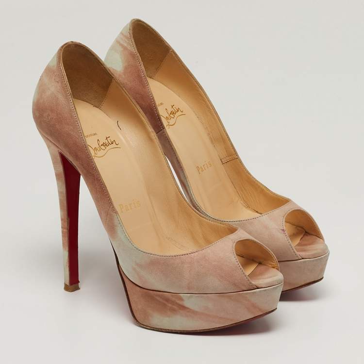 Pre Owned Christian Louboutin Lady Peep Size 36.5 Beige/Pink Leather Peep Toe Pumps