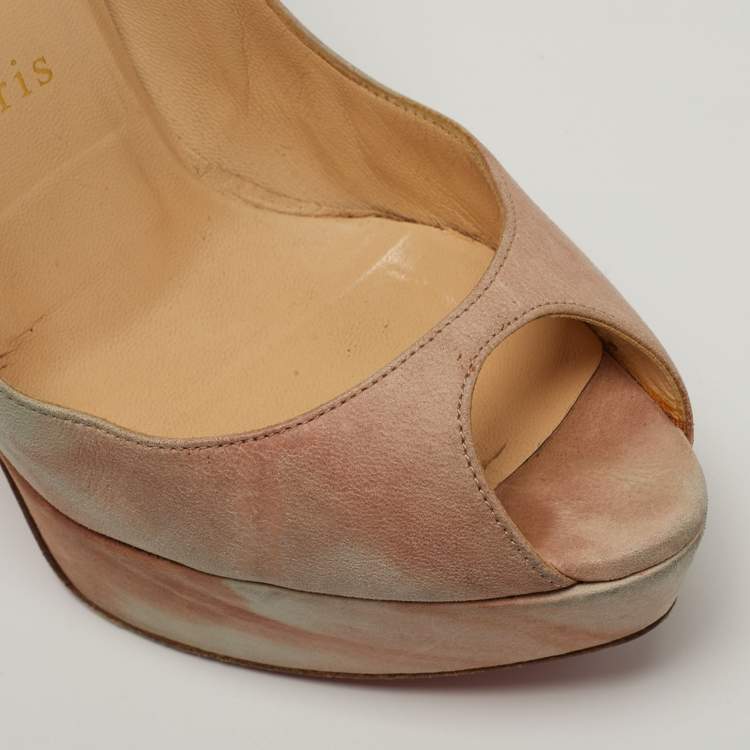 Pre Owned Christian Louboutin Lady Peep Size 36.5 Beige/Pink Leather Peep Toe Pumps