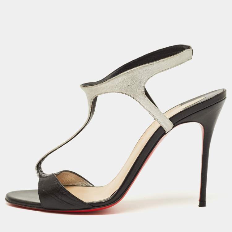 Pre Owned Christian Louboutin Morphetina Size 39.5 Black/Silver Leather Ankle Strap Sandals