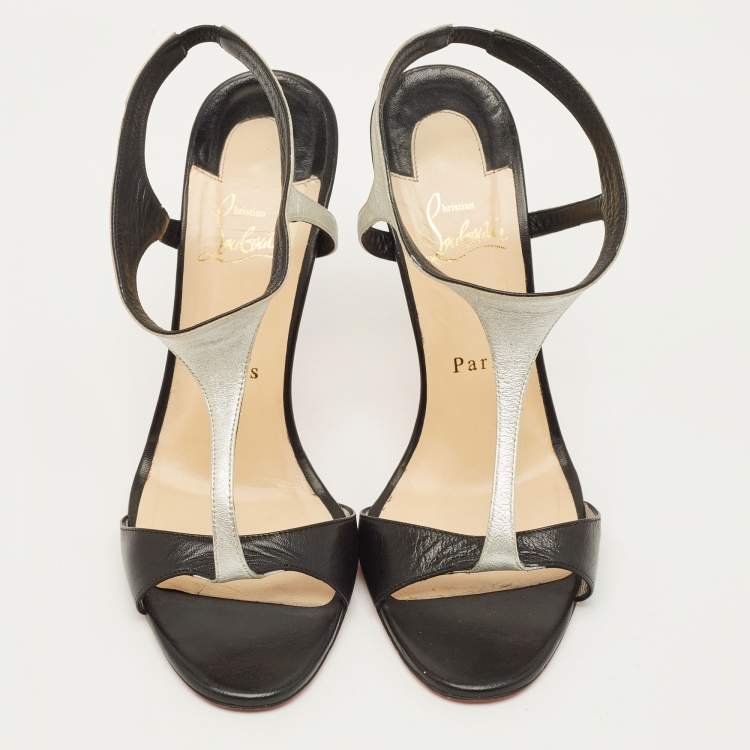 Pre Owned Christian Louboutin Morphetina Size 39.5 Black/Silver Leather Ankle Strap Sandals