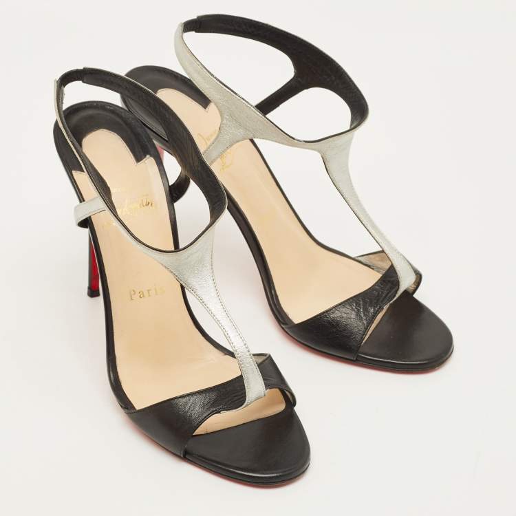Pre Owned Christian Louboutin Morphetina Size 39.5 Black/Silver Leather Ankle Strap Sandals