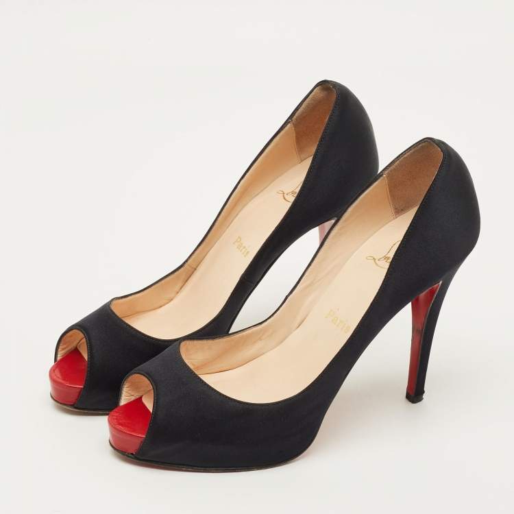 Pre Owned Christian Louboutin Very Prive Size 39.5 Black Satin Peep Toe Pumps