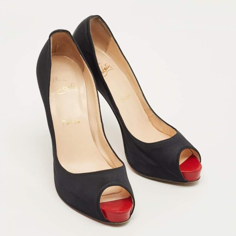 Pre Owned Christian Louboutin Very Prive Size 39.5 Black Satin Peep Toe Pumps