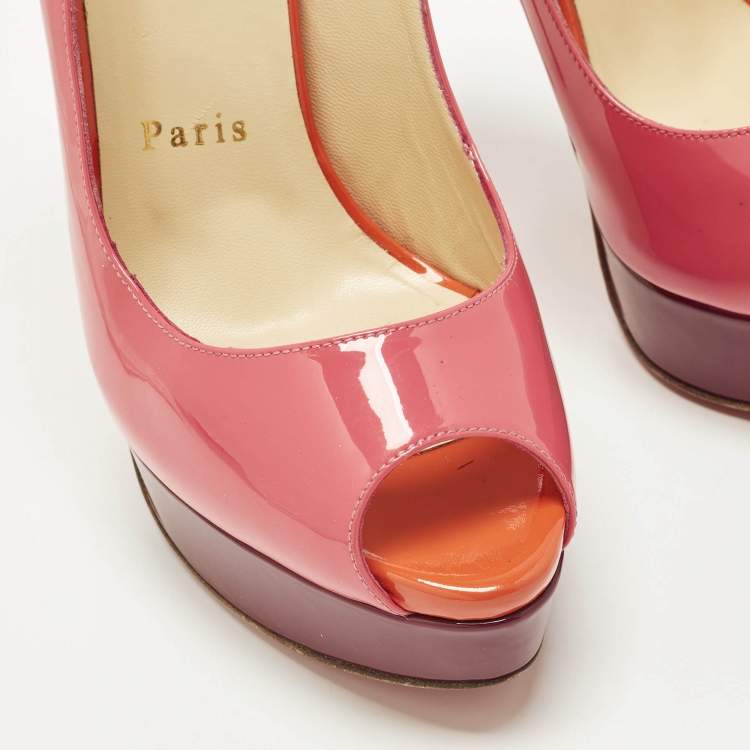 Pre Owned Christian Louboutin Lady Peep Sling Size 38 Multicolor Patent Leather Platform Pumps