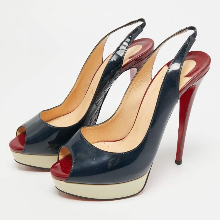 مملوكة مسبقًا Christian Louboutin Lady Peep Size 41 Tricolor Patent Leather Platform Slingback Pumps