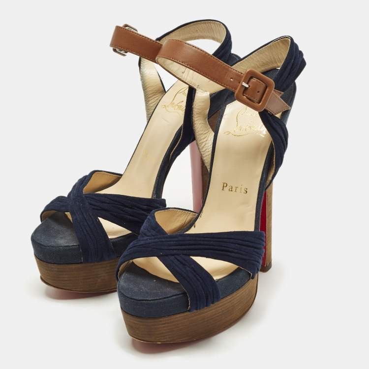 Pre Owned Christian Louboutin Size 36 Navy Blue/Brown Leather and Suede Ankle Strap Platform Sandals