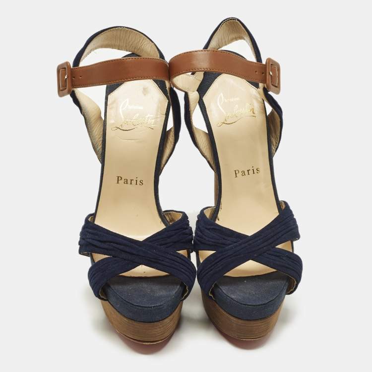 Pre Owned Christian Louboutin Size 36 Navy Blue/Brown Leather and Suede Ankle Strap Platform Sandals