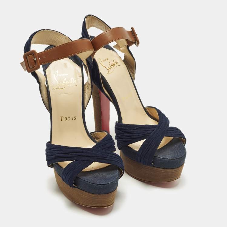 Pre Owned Christian Louboutin Size 36 Navy Blue/Brown Leather and Suede Ankle Strap Platform Sandals
