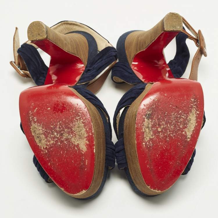 Pre Owned Christian Louboutin Size 36 Navy Blue/Brown Leather and Suede Ankle Strap Platform Sandals