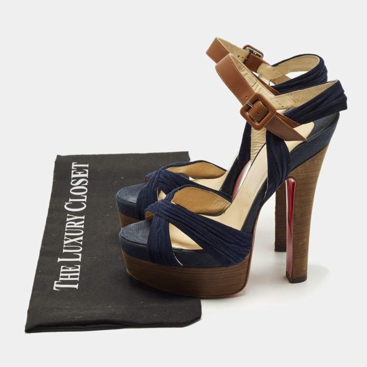 Pre Owned Christian Louboutin Size 36 Navy Blue/Brown Leather and Suede Ankle Strap Platform Sandals
