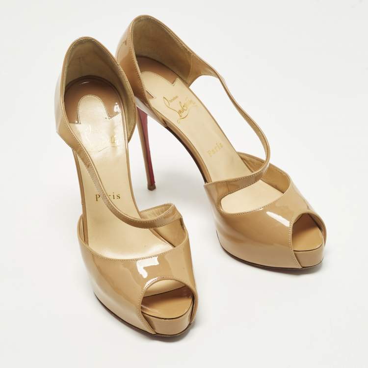 Pre Owned Christian Louboutin Catchy Two Size 39 Beige Patent Leather Peep Toe Pumps