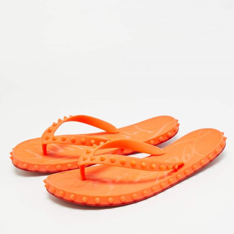 Pre Owned Christian Louboutin Super Loubi Size 42 Orange Rubber Flat Slides 