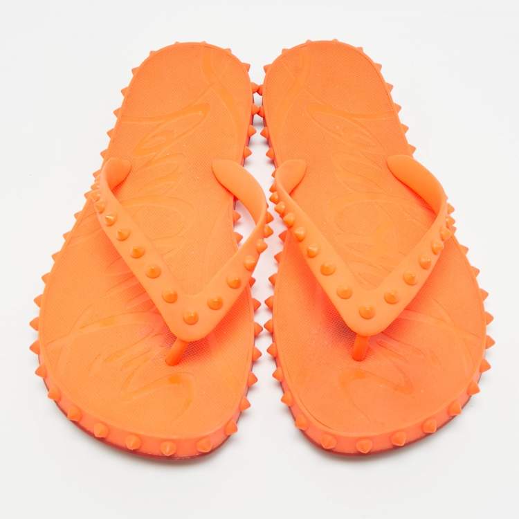 Pre Owned Christian Louboutin Super Loubi Size 42 Orange Rubber Flat Slides 