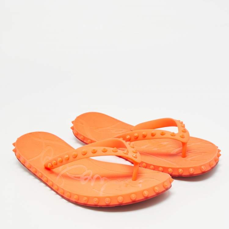 Pre Owned Christian Louboutin Super Loubi Size 42 Orange Rubber Flat Slides 