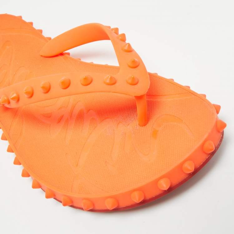 Pre Owned Christian Louboutin Super Loubi Size 42 Orange Rubber Flat Slides 