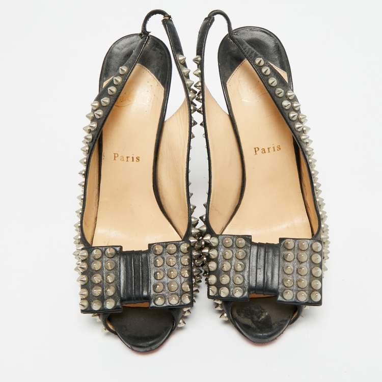Pre Owned Christian Louboutin Clou Noeud Size 39 Black Leather Spikes Slingback Pumps