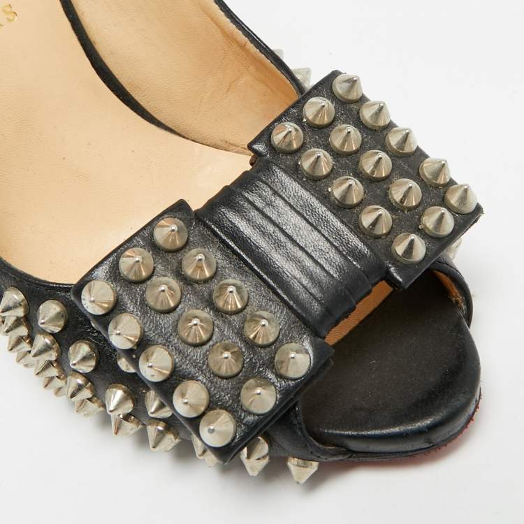 Pre Owned Christian Louboutin Clou Noeud Size 39 Black Leather Spikes Slingback Pumps