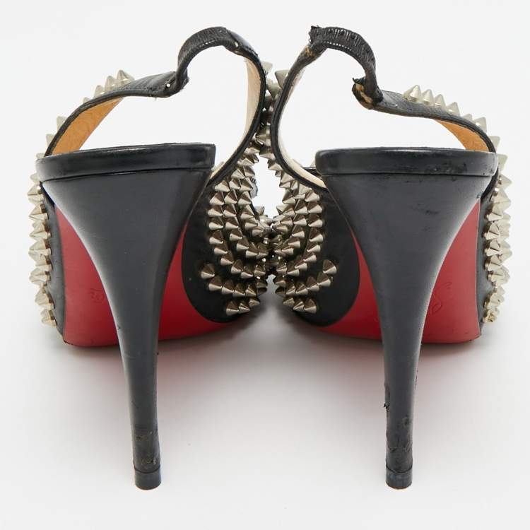 Pre Owned Christian Louboutin Clou Noeud Size 39 Black Leather Spikes Slingback Pumps