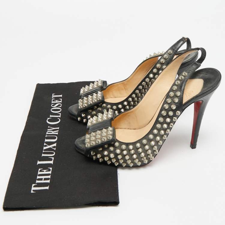 Pre Owned Christian Louboutin Clou Noeud Size 39 Black Leather Spikes Slingback Pumps