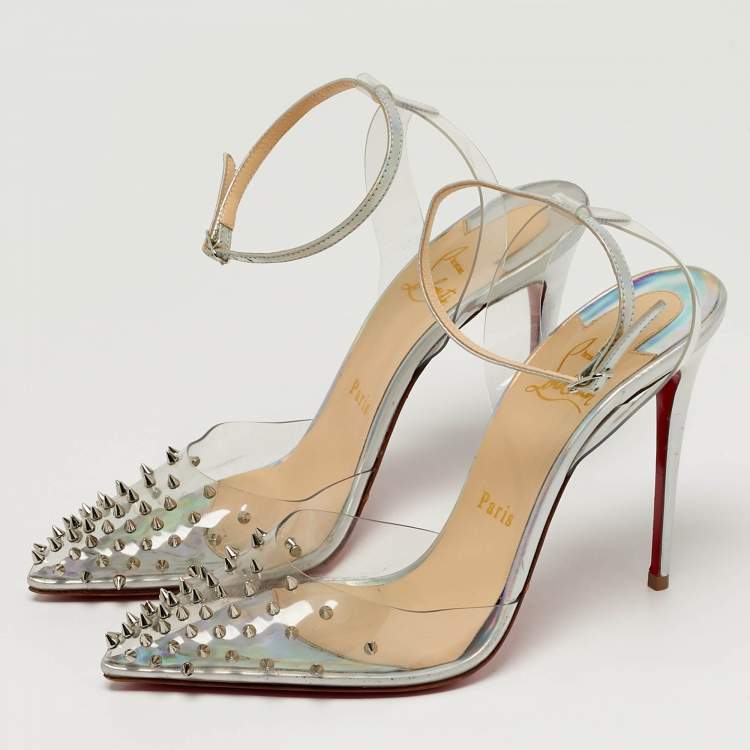 Pre Owned Christian Louboutin Spikoo Size 37.5 Transparent Iridescent Leather and PVC Ankle Strap Pumps