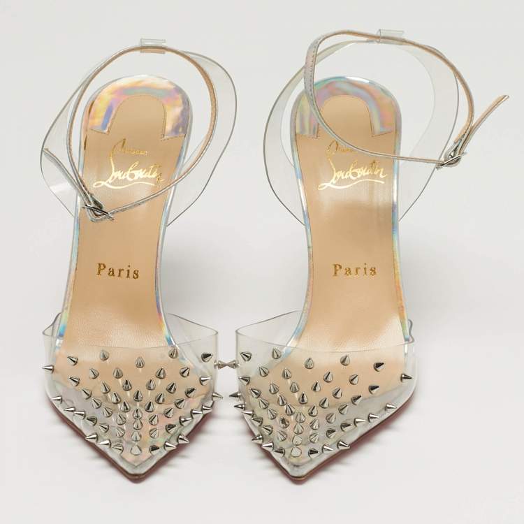 Pre Owned Christian Louboutin Spikoo Size 37.5 Transparent Iridescent Leather and PVC Ankle Strap Pumps