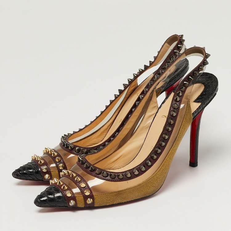 Pre Owned Christian Louboutin Studded Size 37.5 Multicolor PVC, Python Leather and Suede Slingback Pumps