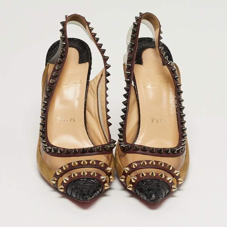 Pre Owned Christian Louboutin Studded Size 37.5 Multicolor PVC, Python Leather and Suede Slingback Pumps