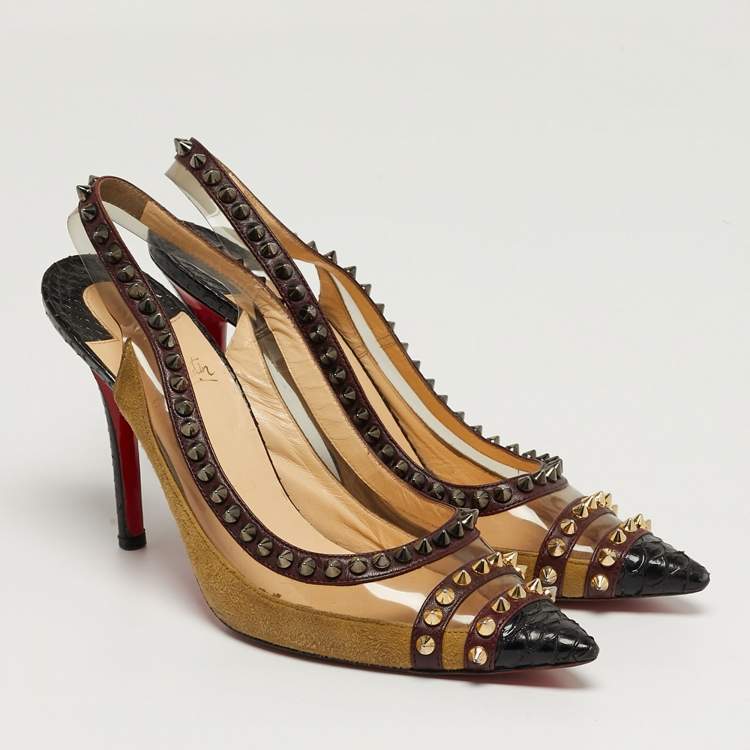 Pre Owned Christian Louboutin Studded Size 37.5 Multicolor PVC, Python Leather and Suede Slingback Pumps