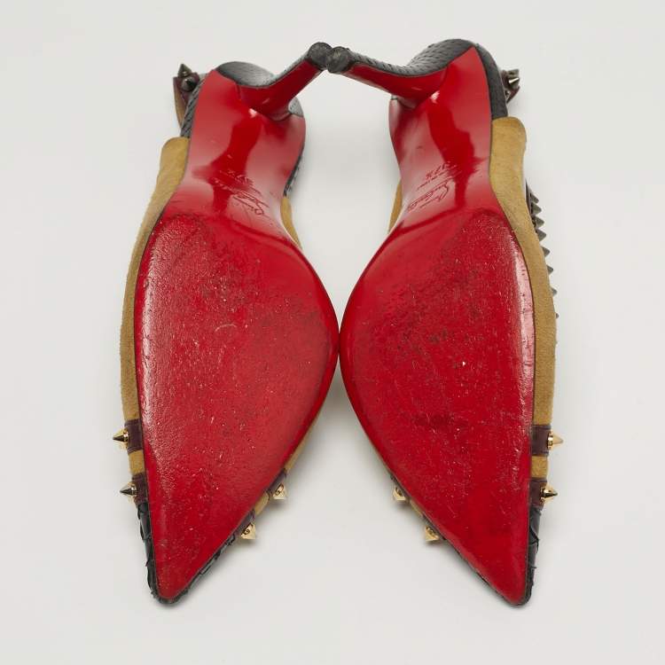 Pre Owned Christian Louboutin Studded Size 37.5 Multicolor PVC, Python Leather and Suede Slingback Pumps