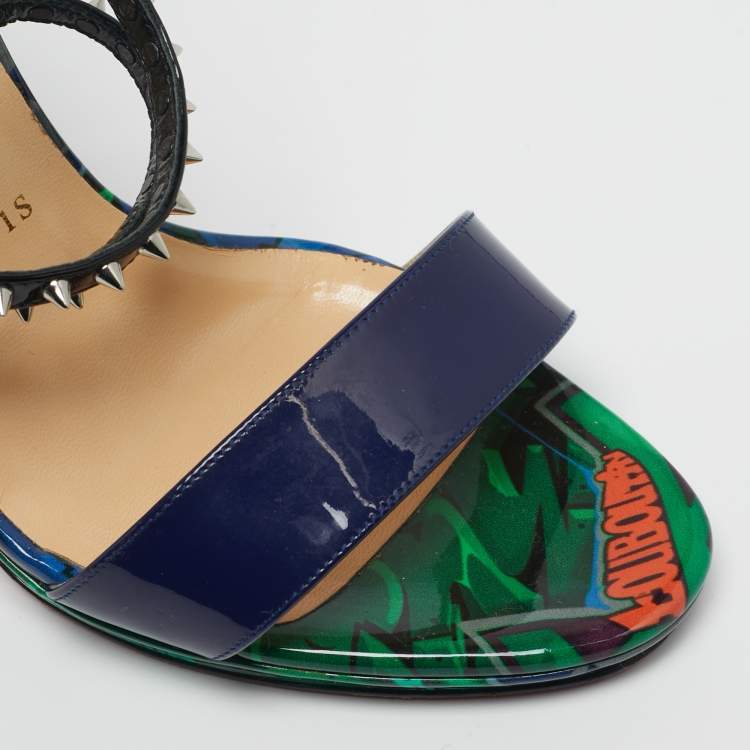 Pre Owned Christian Louboutin Choca Lux Size 39 Multicolor Patent Leather Ankle Strap Sandals