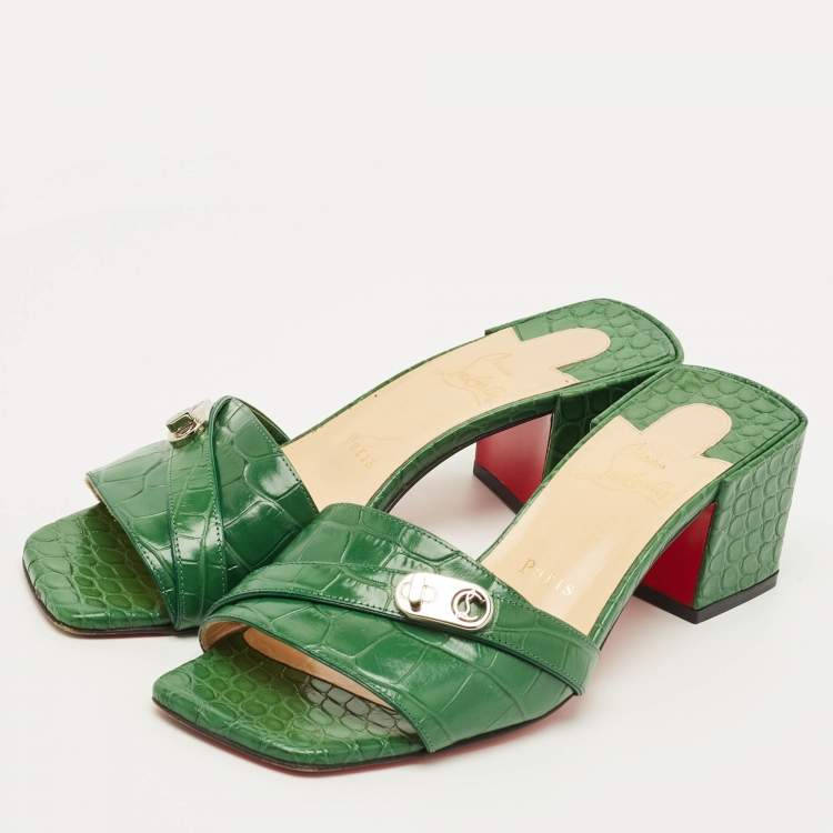 Pre Owned Christian Louboutin Size 38 Green Croc Embossed Leather Lock Art Slide Sandals