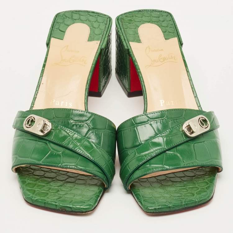 Pre Owned Christian Louboutin Size 38 Green Croc Embossed Leather Lock Art Slide Sandals
