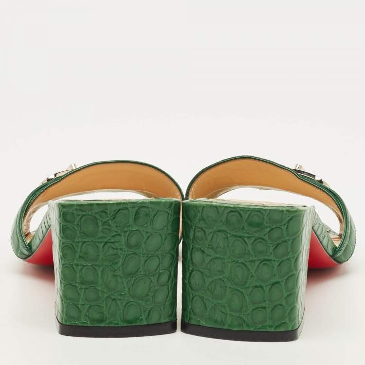 Pre Owned Christian Louboutin Size 38 Green Croc Embossed Leather Lock Art Slide Sandals