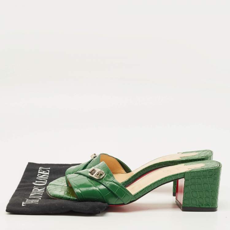 Pre Owned Christian Louboutin Size 38 Green Croc Embossed Leather Lock Art Slide Sandals