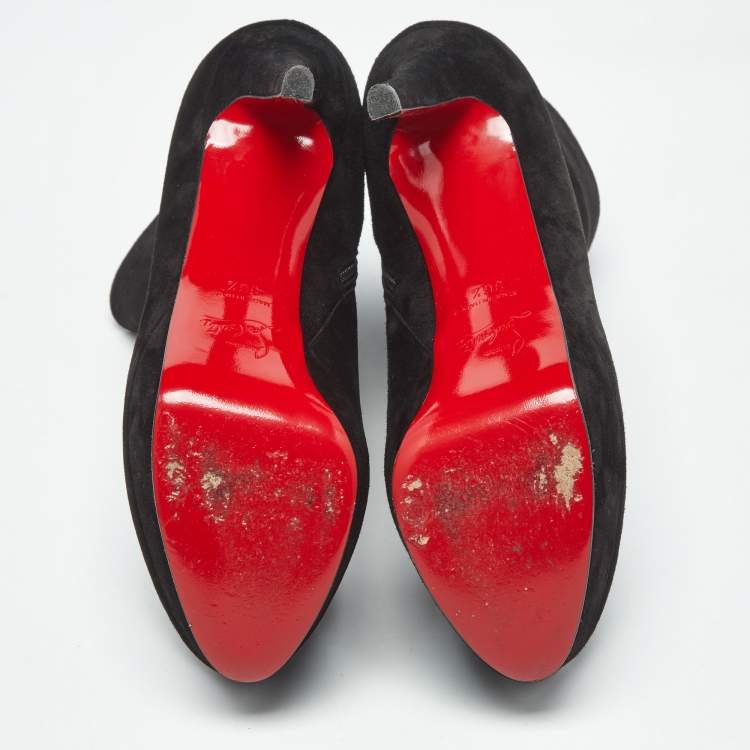 Pre Owned Christian Louboutin Lady Daf Size 36.5 Black Suede Booty Platform Ankle Length Boots
