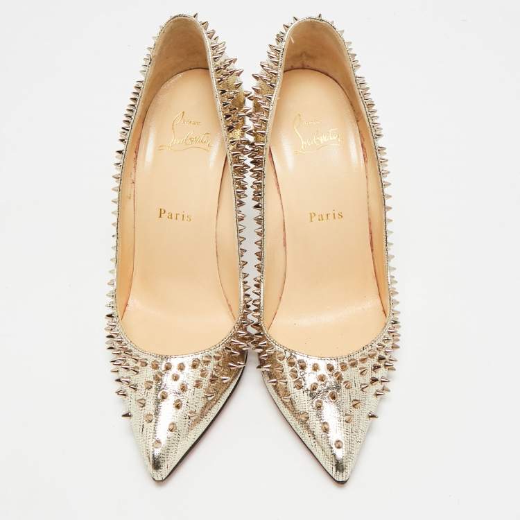 Pre Owned Christian Louboutin Escarpic Spike Size 37.5 Gold Metallic Leather Pointed Toe Pumps