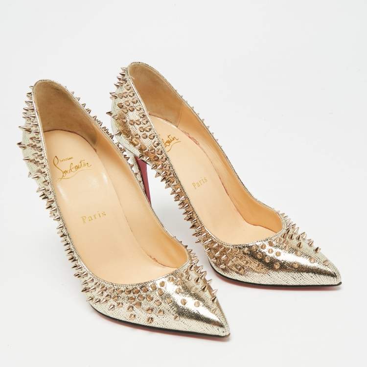 Pre Owned Christian Louboutin Escarpic Spike Size 37.5 Gold Metallic Leather Pointed Toe Pumps