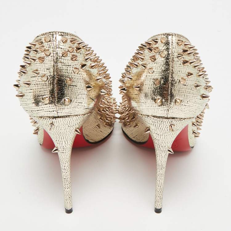Pre Owned Christian Louboutin Escarpic Spike Size 37.5 Gold Metallic Leather Pointed Toe Pumps
