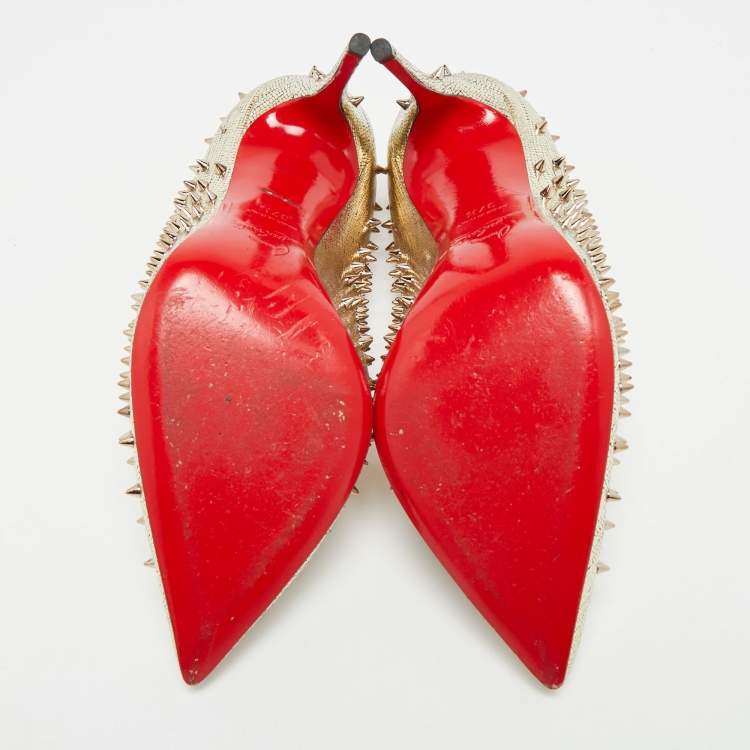 Pre Owned Christian Louboutin Escarpic Spike Size 37.5 Gold Metallic Leather Pointed Toe Pumps