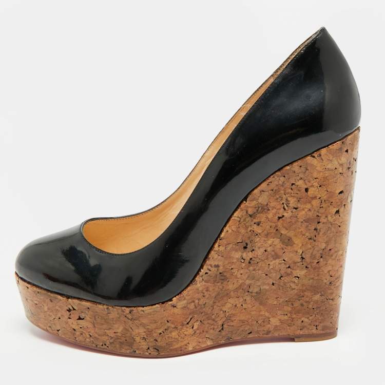 Pre Owned Christian Louboutin Simple Size 41 Black Patent Leather  Wedge Platform Pumps