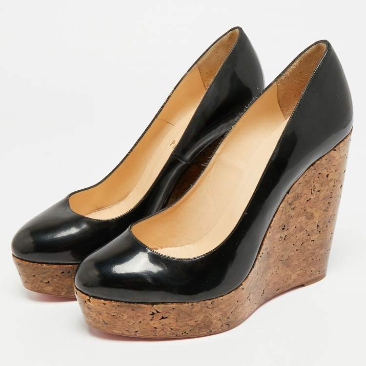 Pre Owned Christian Louboutin Simple Size 41 Black Patent Leather  Wedge Platform Pumps