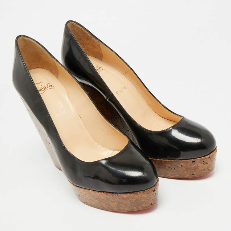 Pre Owned Christian Louboutin Simple Size 41 Black Patent Leather  Wedge Platform Pumps