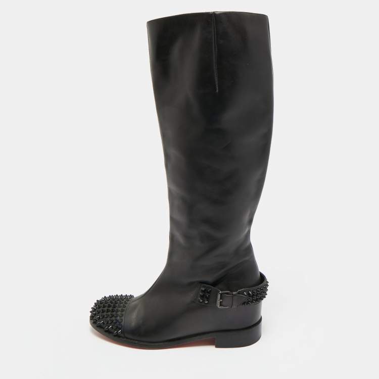 Pre Owned Christian Louboutin Egoutina Size 37 Black Leather Spike Toe Knee Boots 