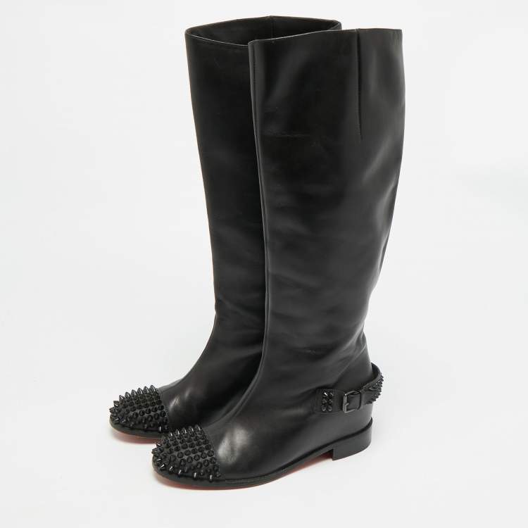 Pre Owned Christian Louboutin Egoutina Size 37 Black Leather Spike Toe Knee Boots 