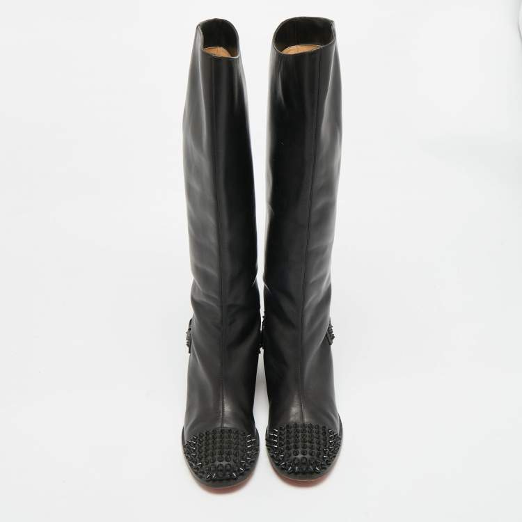 Pre Owned Christian Louboutin Egoutina Size 37 Black Leather Spike Toe Knee Boots 