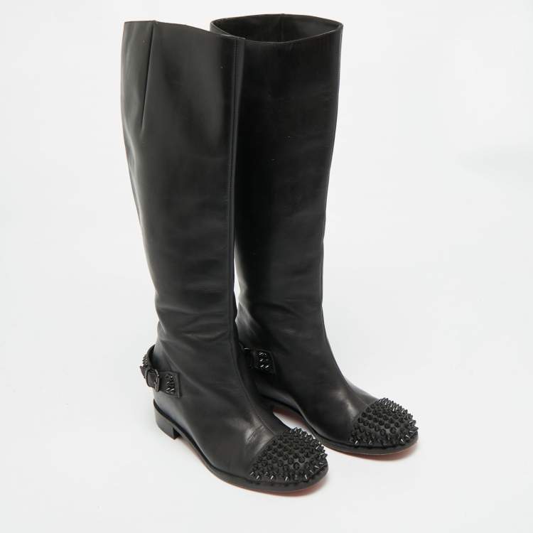 Pre Owned Christian Louboutin Egoutina Size 37 Black Leather Spike Toe Knee Boots 