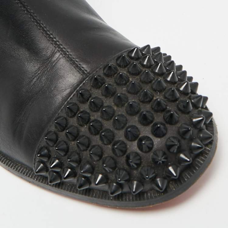 Pre Owned Christian Louboutin Egoutina Size 37 Black Leather Spike Toe Knee Boots 