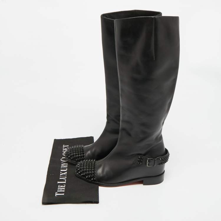 Pre Owned Christian Louboutin Egoutina Size 37 Black Leather Spike Toe Knee Boots 