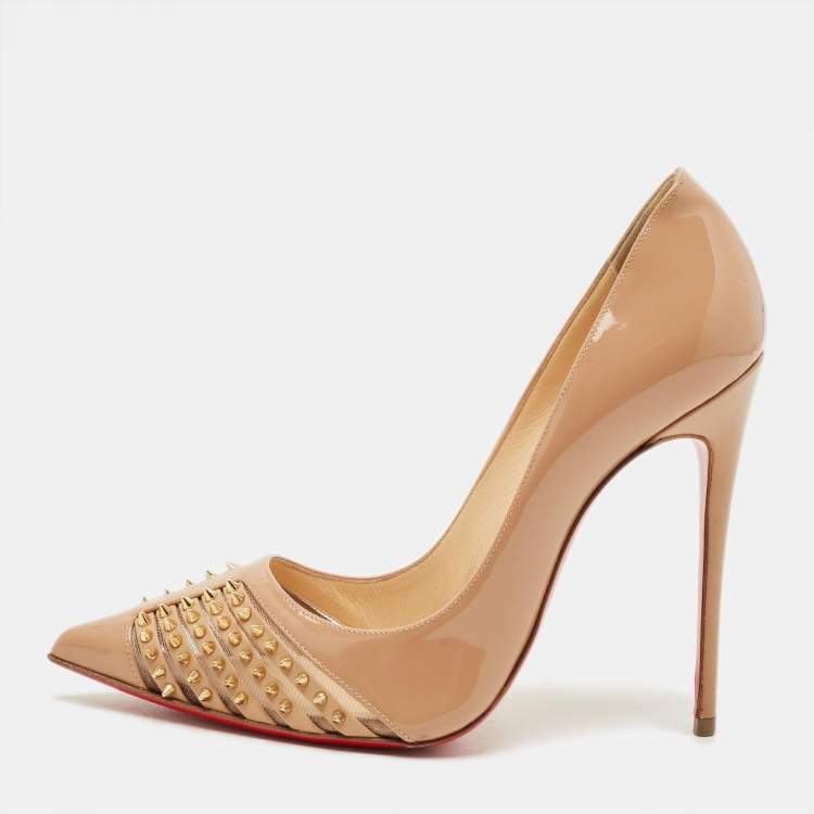 Pre Owned Christian Louboutin Bareta Size 36.5 Beige Patent Leather and Mesh Pumps