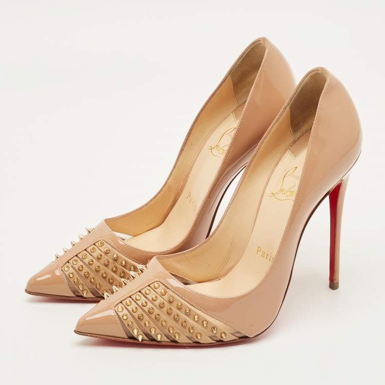 Pre Owned Christian Louboutin Bareta Size 36.5 Beige Patent Leather and Mesh Pumps